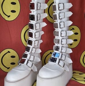 Demonia "DAMNED-318" knee-high boots - white vegan leather / Women's size 8